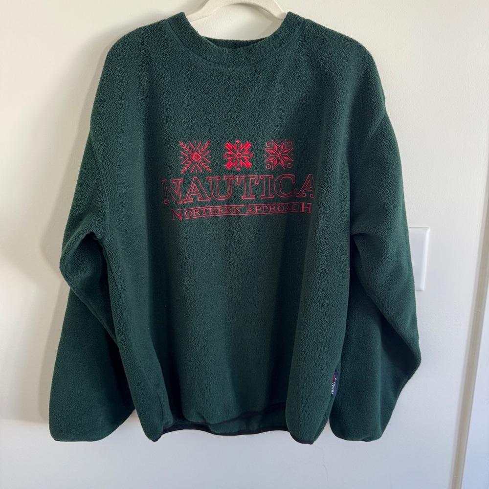 Nautica Green Fleece Crewneck Sweater with Red Embroidery